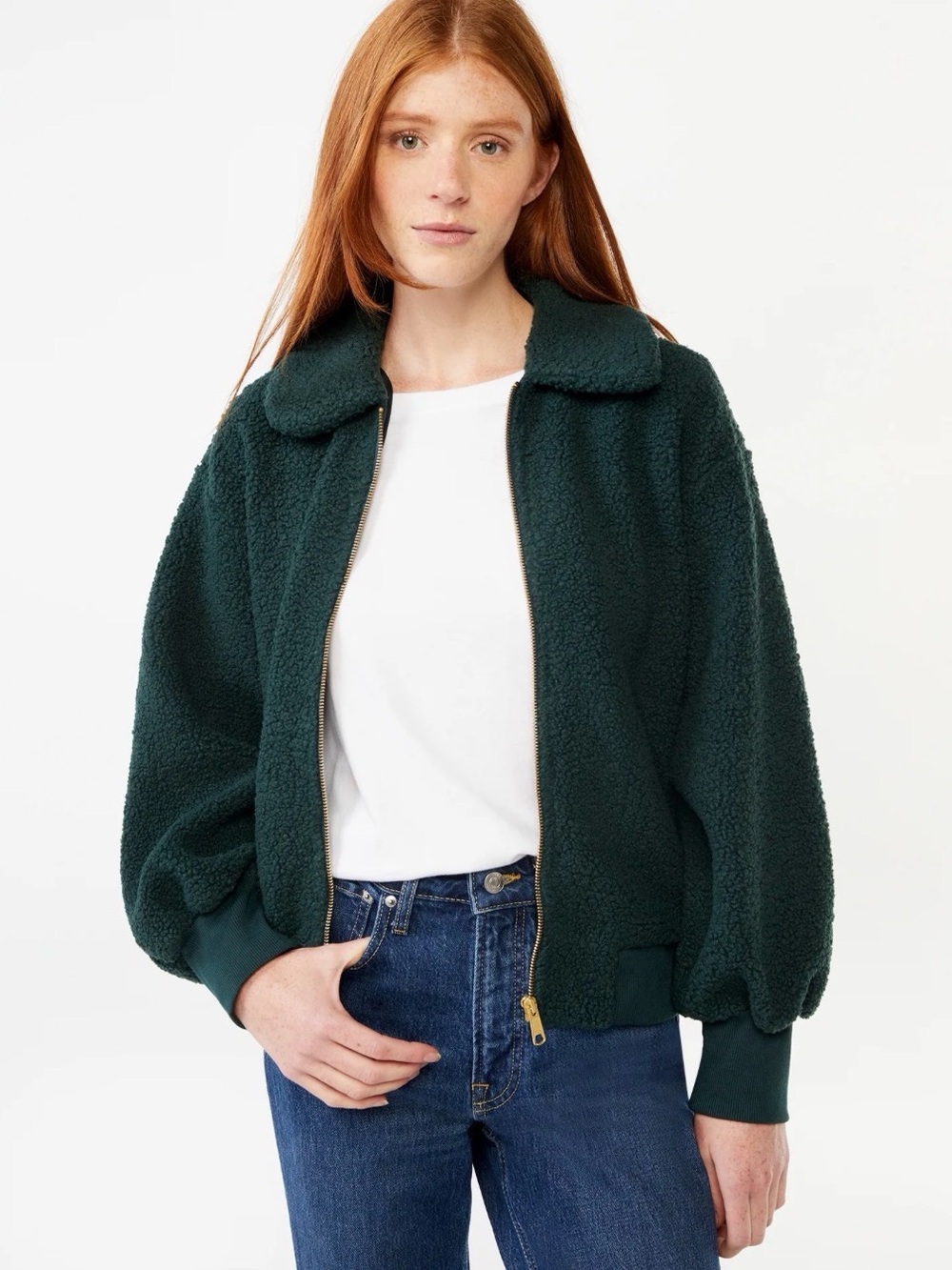 NWOT Free Assembly Teddy Jacket Sherpa Zip Relaxed Collar Dark Green Women L